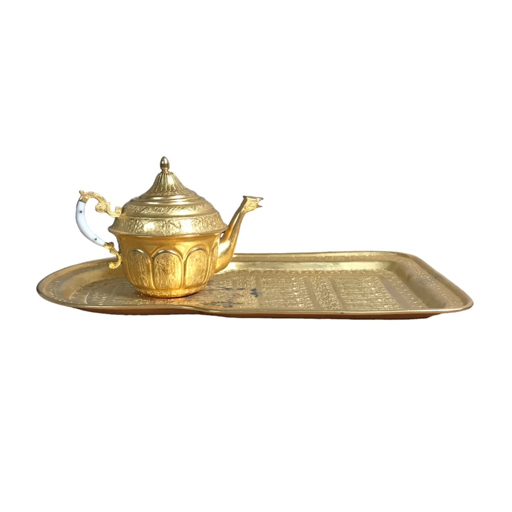 2 Piece Set Turkish Samovar Gold Plated Tea Coffee Ornate Engraving Tray and Pot